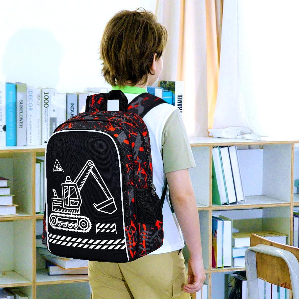 17 Inches Glow in The Dark Excavator Backpack for Boys, 3Pcs Digger School Bookbag Set for Teens, Laptop Backpacks with Lunch Bag(Red)