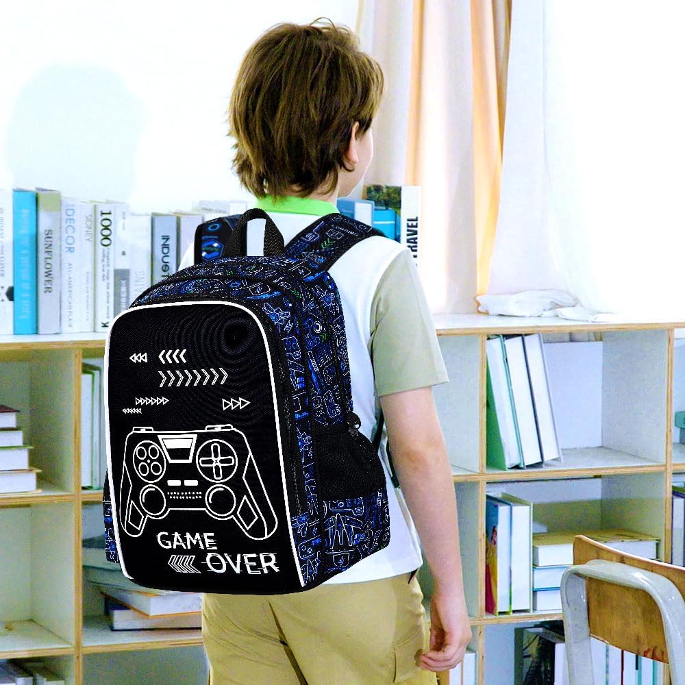 17 Inches Glow in The Dark Gamer Backpack for Boys, 3Pcs video Game School Bookbag Set for Teens, Laptop Backpacks with Lunch Bag(Blue)