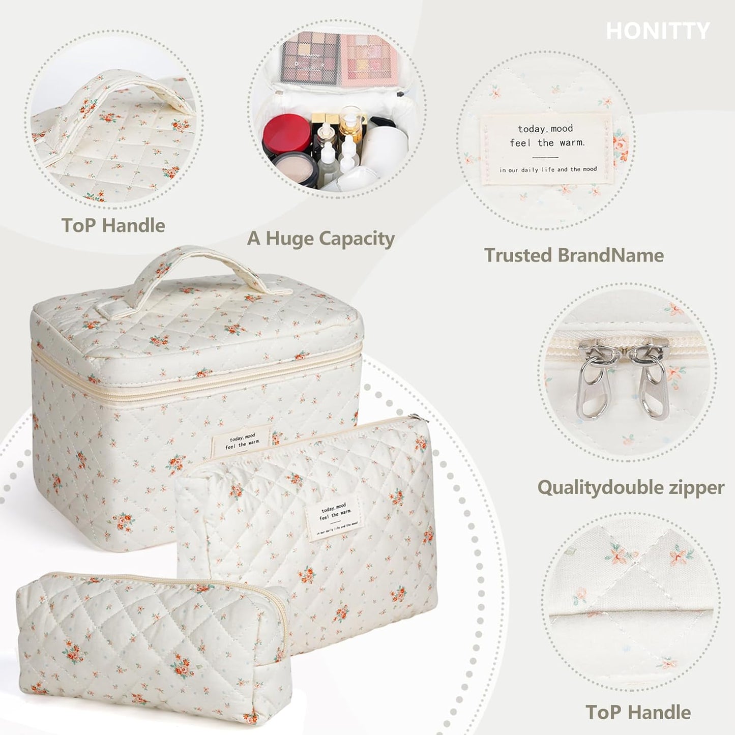 Makeup Bag,Quilted Cosmetic Bags,Large Floral Make Up Organize bag,Makeup Bag Set for Women,Flower Travel Toiletry Bag