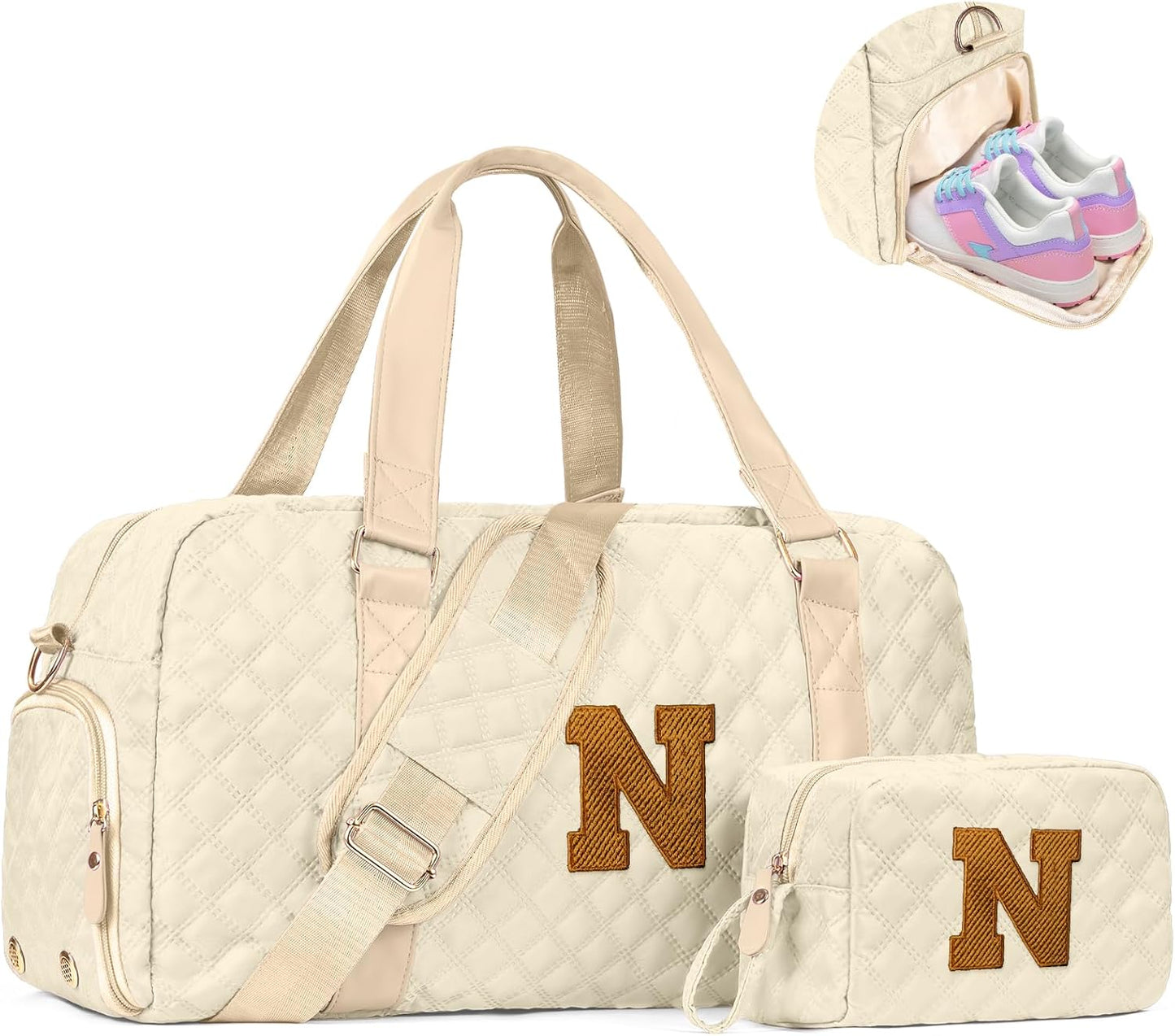 Travel Duffle Bag, Weekender Bags for Women, Personalized Gym Bag for Girls, Monogram Overnight Bag, Birthday Gift for Kids, Teens, Women, Mom, Teacher, 007Travel bag-off white-N