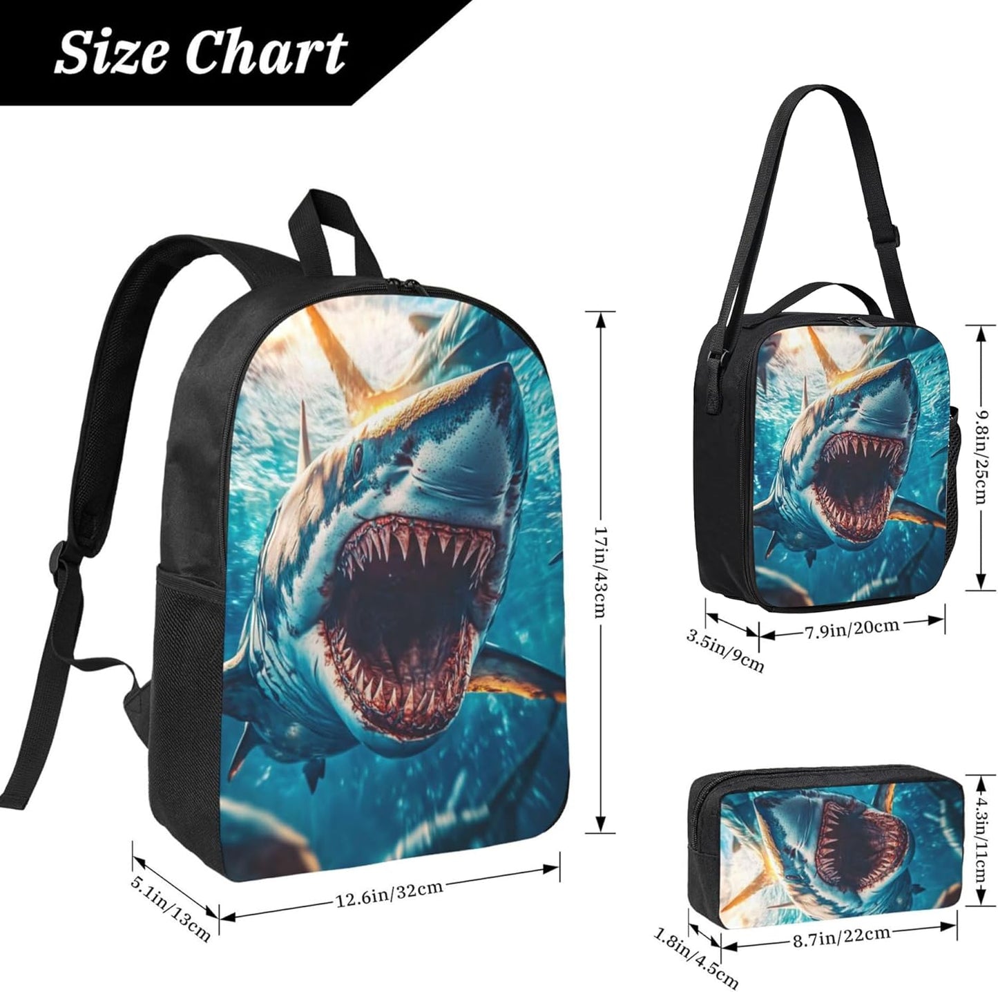 Fish Ocean Kid Backpack Set with Lunch Bag & Pencil Case Large Capacity School Bag 17 Inch Bookbag for Boy Girl