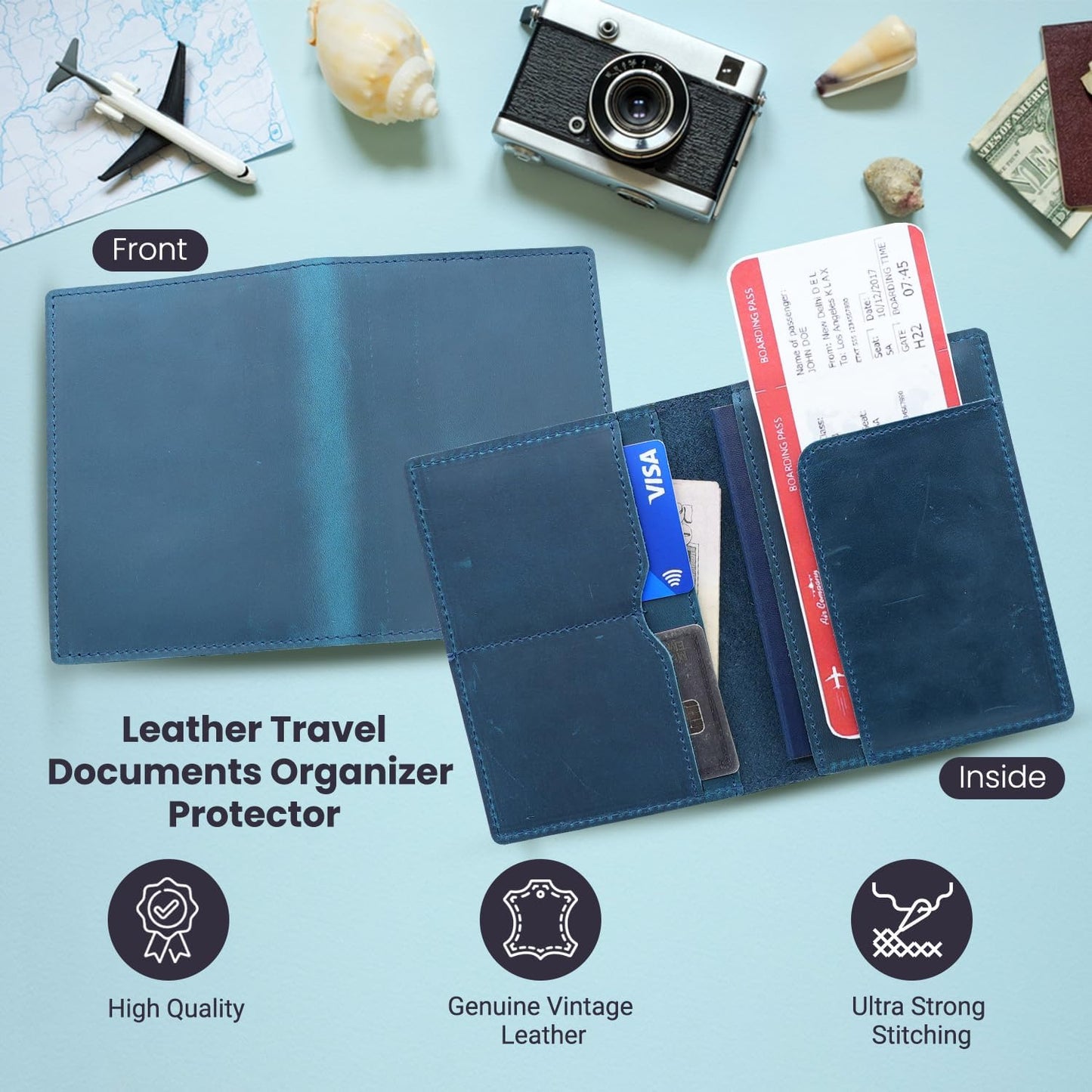 Leather Passport Holder with Travel Wallet, Genuine Leather Passport Cover- Passport Wallet, Leather Folding Wallet for Passports (Straight Cut, Blue)