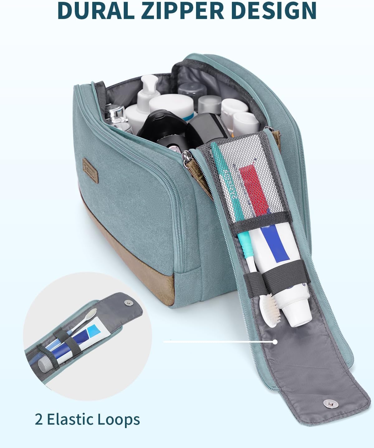 WANDF Toiletry Bag for Men Travel Toiletry Organizer Canvas and Leather Dopp Kit Water-Resistant Shaving Bag for Travel Accessories (Pale Blue, Large)