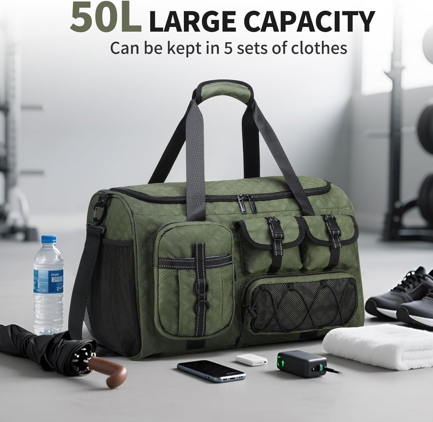 Gym Bag for Men Women, 40L Sport Duffel Bag, Anti-Theft Overnight Backpack W/Shoe Compartment for Fitness Travel, Army Green