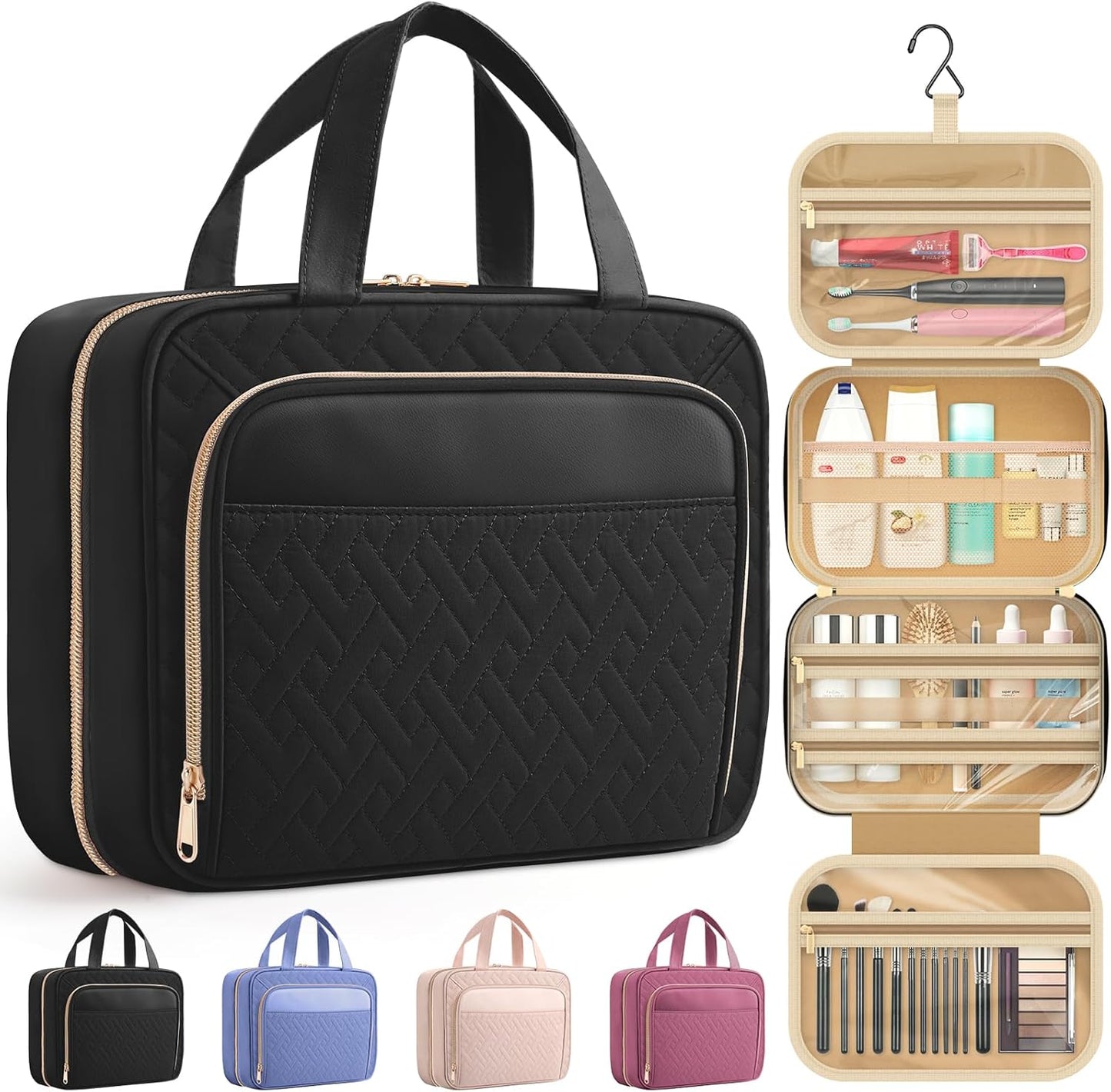 HOTOR Travel Toiletry Bag for Women & Men, Waterproof Makeup Bag with Hanging Hook and Multiple Pockets, Cosmetic Bags for Women, Travel Essentials, 12.6'' x 4.3'' x 9.9'', Black