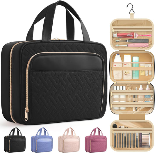 HOTOR Travel Toiletry Bag for Women & Men, Waterproof Makeup Bag with Hanging Hook and Multiple Pockets, Cosmetic Bags for Women, Travel Essentials, 11.2'' x 3.2'' x 8.9'', Black