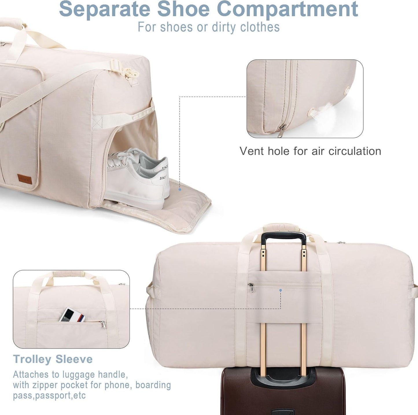 100L Travel Duffle Bag for Men and Women, Urtala 32” Large Duffle Bag for Traveling with Shoe Compartment, Foldable Duffel Bag Water & Tear Resistant (Beige)