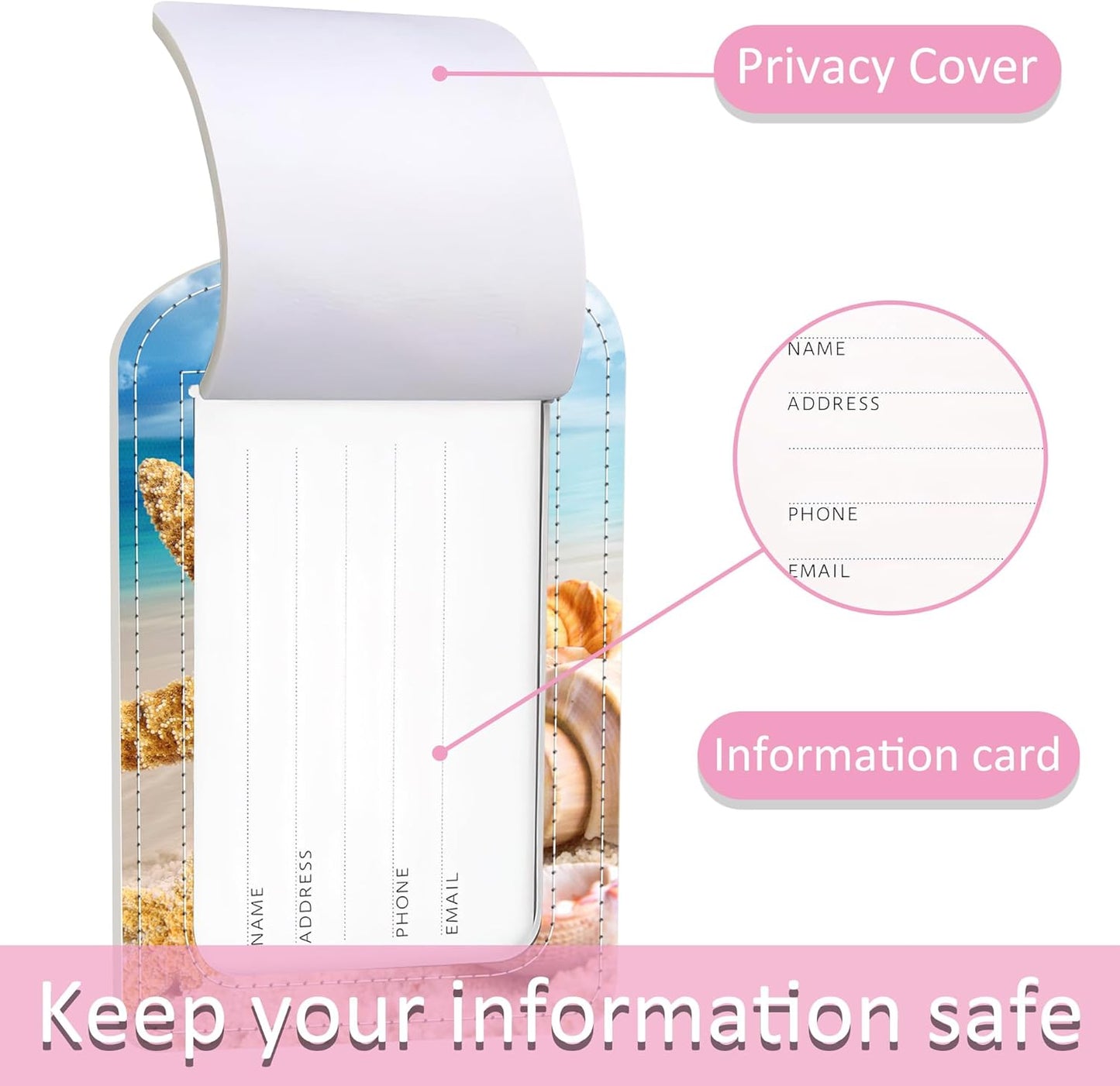 2 Pack Beach Shells Luggage Tag for Suitcase,Starfish PU Leather Suitcase Tags Identifiers with Privacy Name Address Labels and Steel Loop for Women Men Travel