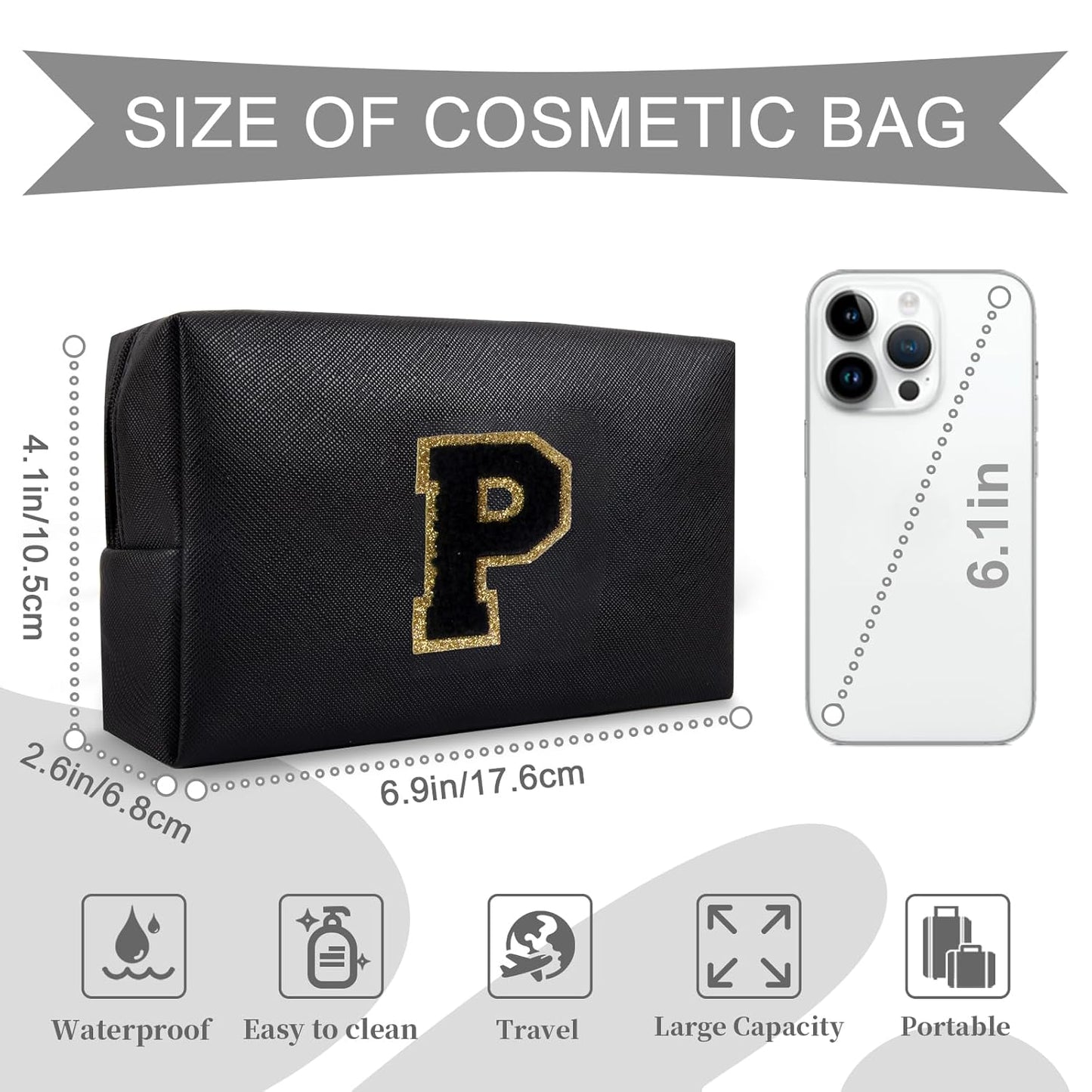 Personalized Initial A-Z Preppy Patch Makeup Bag,Small PU Chenille Letter Cosmetic Bag with Zipper for Teen Girls,Black Cute Toiletry Organizer Bag,Monogram Makeup Case Gift for Women Girls,Letter P