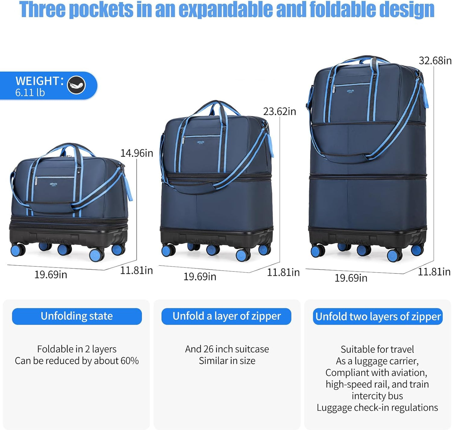 Rolling Duffle Bag with Detachable Wheels, Large Capacity Expandable Foldable Suitcase for Travel,Collapsible Luggage Carry on Duffel Overnight Weekend Bags
