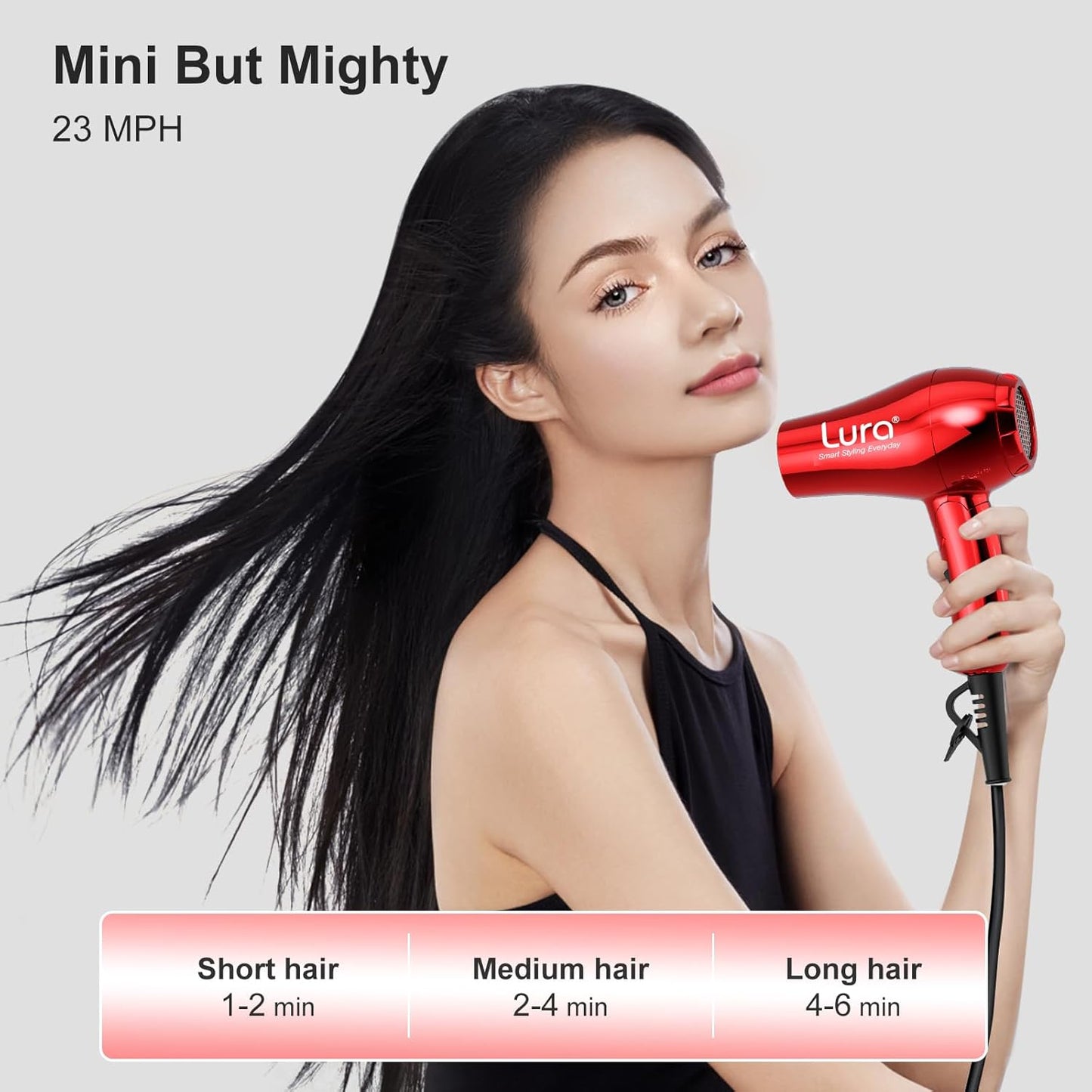LURA Mini Portable Travel Hair Dryer:Dual Voltage Small Lightweight Blow Dryer with EU Plug,1200W Compact Hairdryer with Folding Handle,with Concentrator&Diffuser Attachment,for Women and Men(Red)