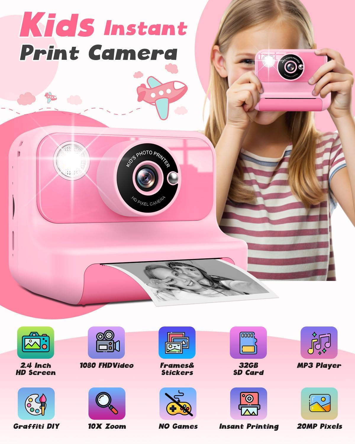 Instant Print Camera for Kids, 1080P Digital Video Cameras, Christmas Birthday Gifts Toys for Age 3-12, Toddler Camera for 4 5 6 7 8 9 10 Year Old Girls - Pink
