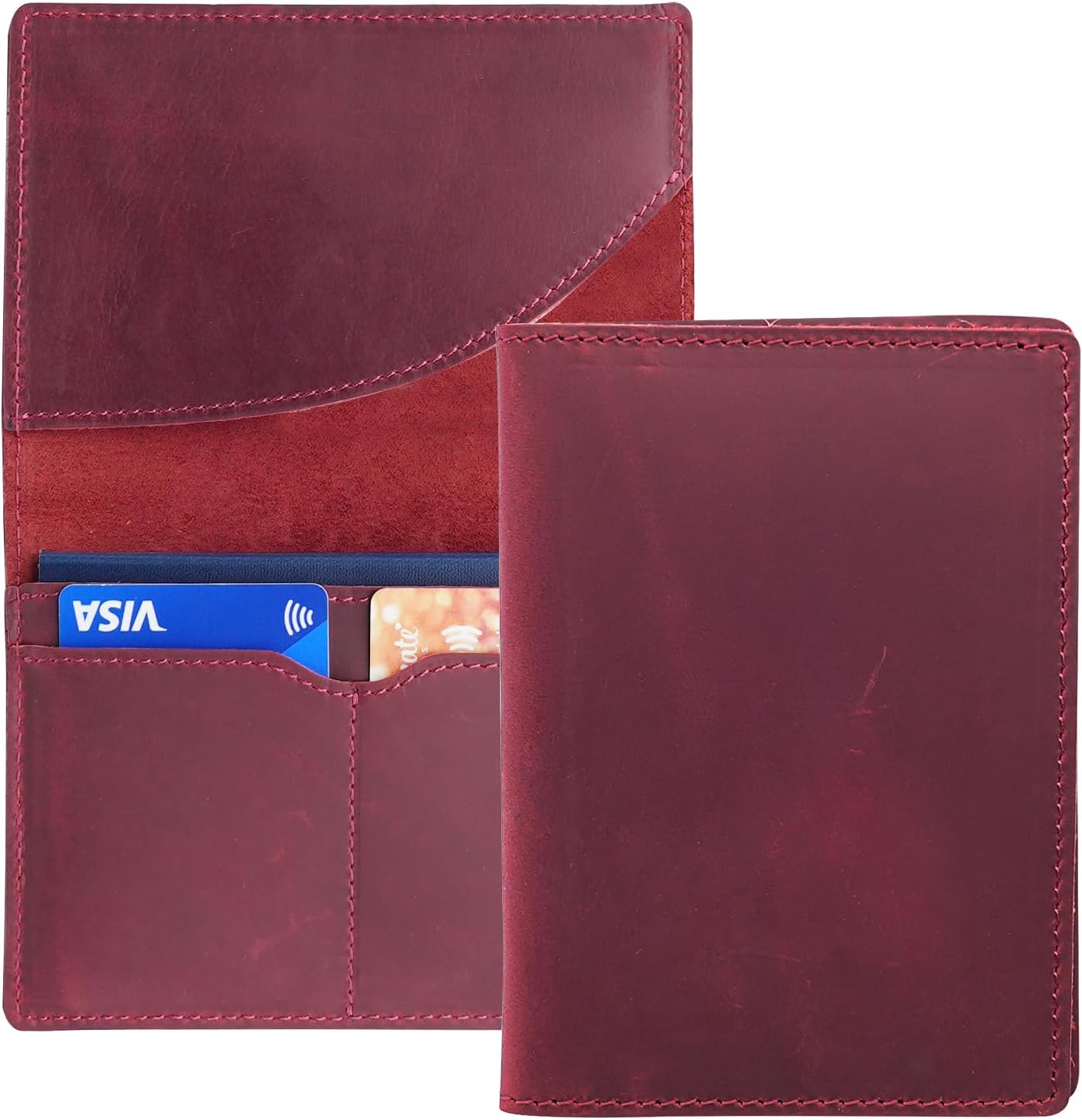 Leather Passport Holder with Travel Wallet, Genuine Leather Passport Cover- Passport Wallet, Leather Folding Wallet for Passports (Oval Cut, Red)