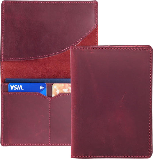 Leather Passport Holder with Travel Wallet, Genuine Leather Passport Cover- Passport Wallet, Leather Folding Wallet for Passports (Oval Cut, Red)