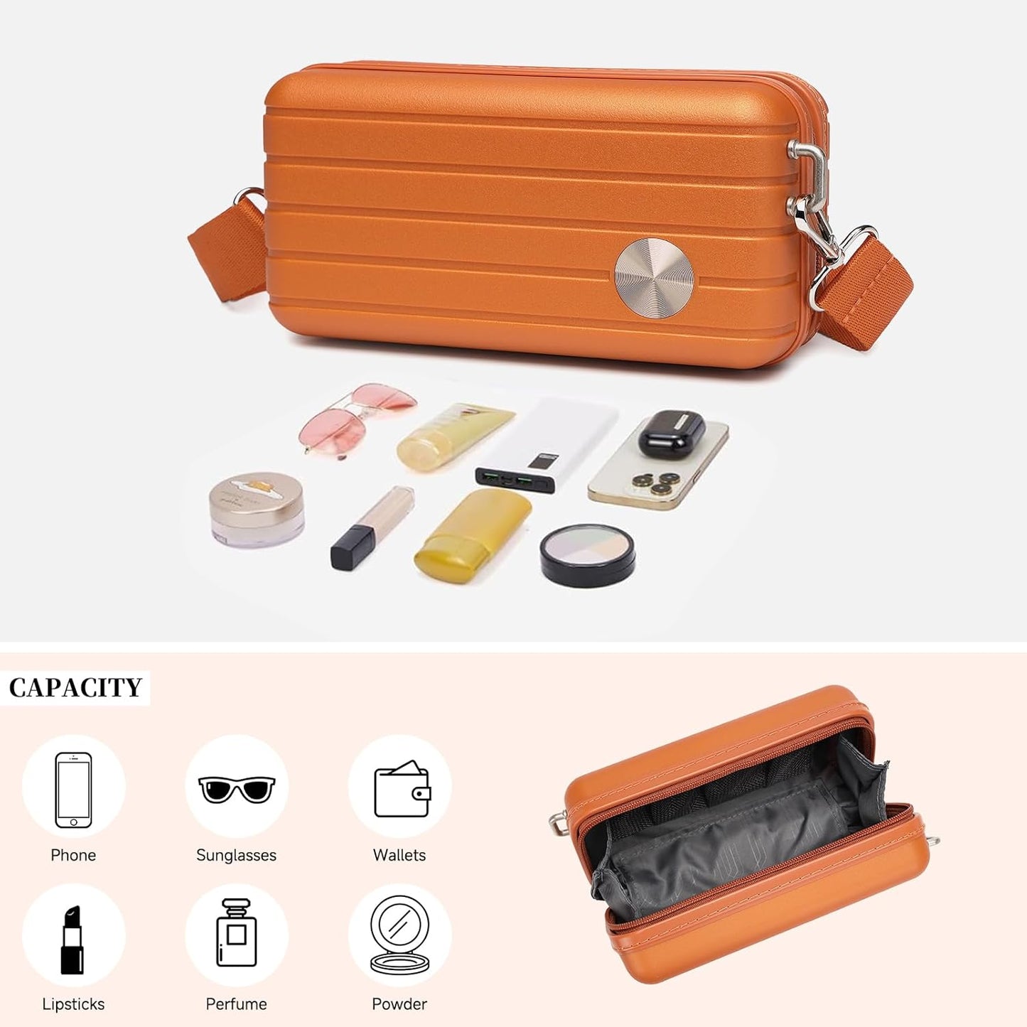 Somago Hard Shell Suitcase Handbag with Adjustable Strap Mini Cosmetic Handbag Cell Phone Purse Bag for 6.9" Shoulder Bag(Sunset Orange)