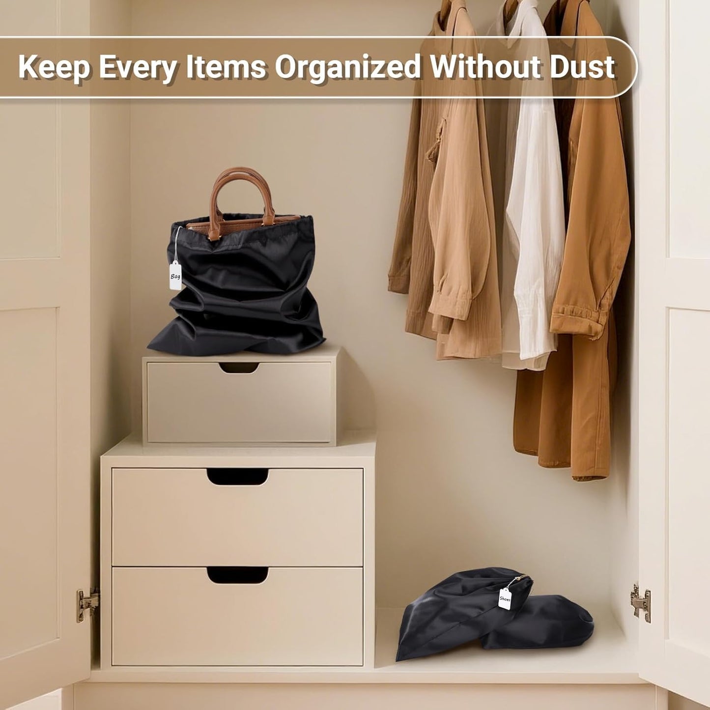 Ewen 11.8x15.7in Black Dust Bags for Shoes, 7 Pack of Dustproof Silk Bags with Drawstring for Storage, Vintage Pouches Covers for Travel, Satin Purse Storage Bags, Clothes Storage Bag for Home