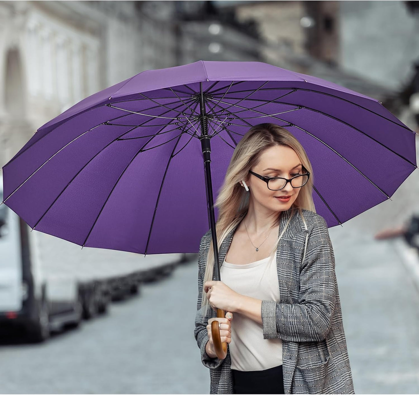 G4Free 54 Inch Large Windproof Umbrella for 2 Persons, 16 Ribs Auto Open Classic Wooden J Handle Cane Stick Golf Rain Umbrellas for Men Women Travel 120cm