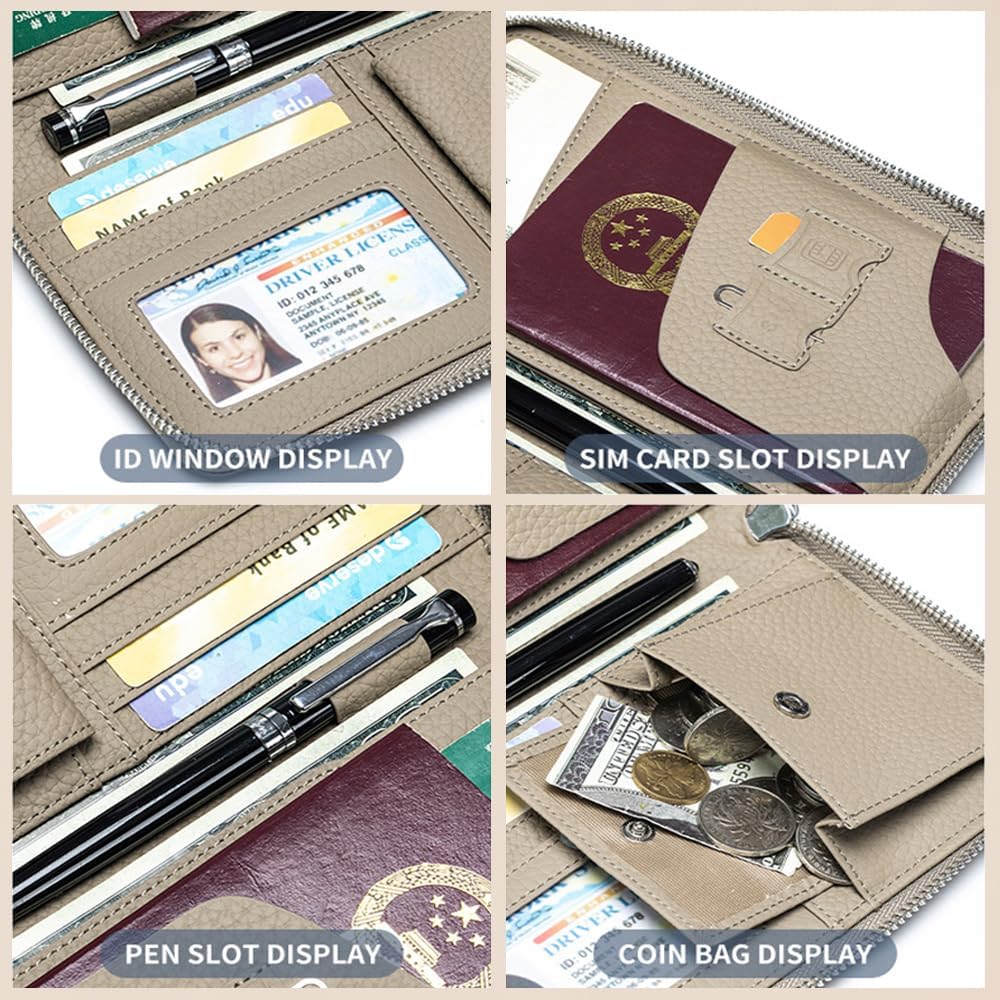 Leather Travel Wallet, RFID passport wallet for travel, with Zippered Pocket and Cash Slot, for Secure Traveling and Documentation Organizer (Eephant Grey)