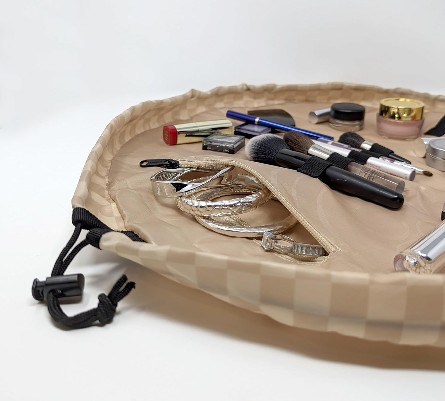 Lay-n-Go Cosmo Layflat Drawstring Cosmetic & Makeup Bag Organizer - Portable Drawstring Bag w/Zipper Pocket, Makeup Loops & More - Durable, Machine Washable Toiletry Bag for Travel (20", Checked)