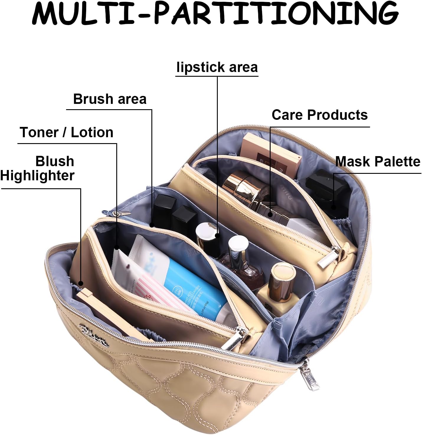 BOYATU Travel Makeup Bags for Women Cosmetic Bag: Puffy Make up Bags Set of 3 - Vegan Leather Makeup Organizer - Waterproof Large Toiletry Bag with Compartments - Travel Essentials (H-2-Khaki)