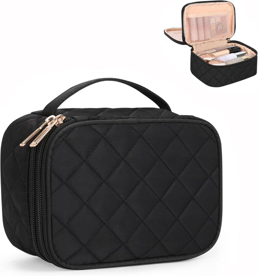 Relavel Small Makeup Bag, Travel Cosmetic Bag with Makeup Brush Compartment, Cute Make Up Pouch for Women, Double Layer Toiletry Organizer for Short Trip, Office - Black