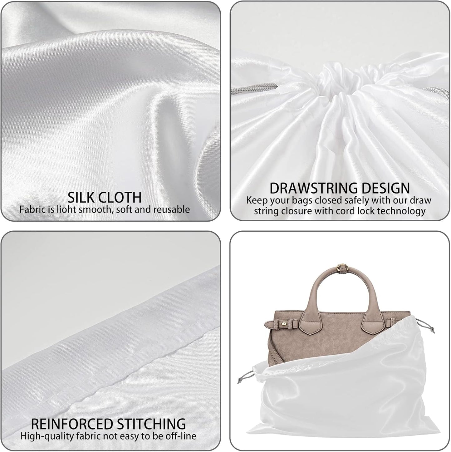 6 Pack Silk Dust Cover Bags for Handbags, Purses, Shoes & Boots - Dustproof Drawstring Bags - Travel Storage Pouches (White, 23.6 19.6 in)