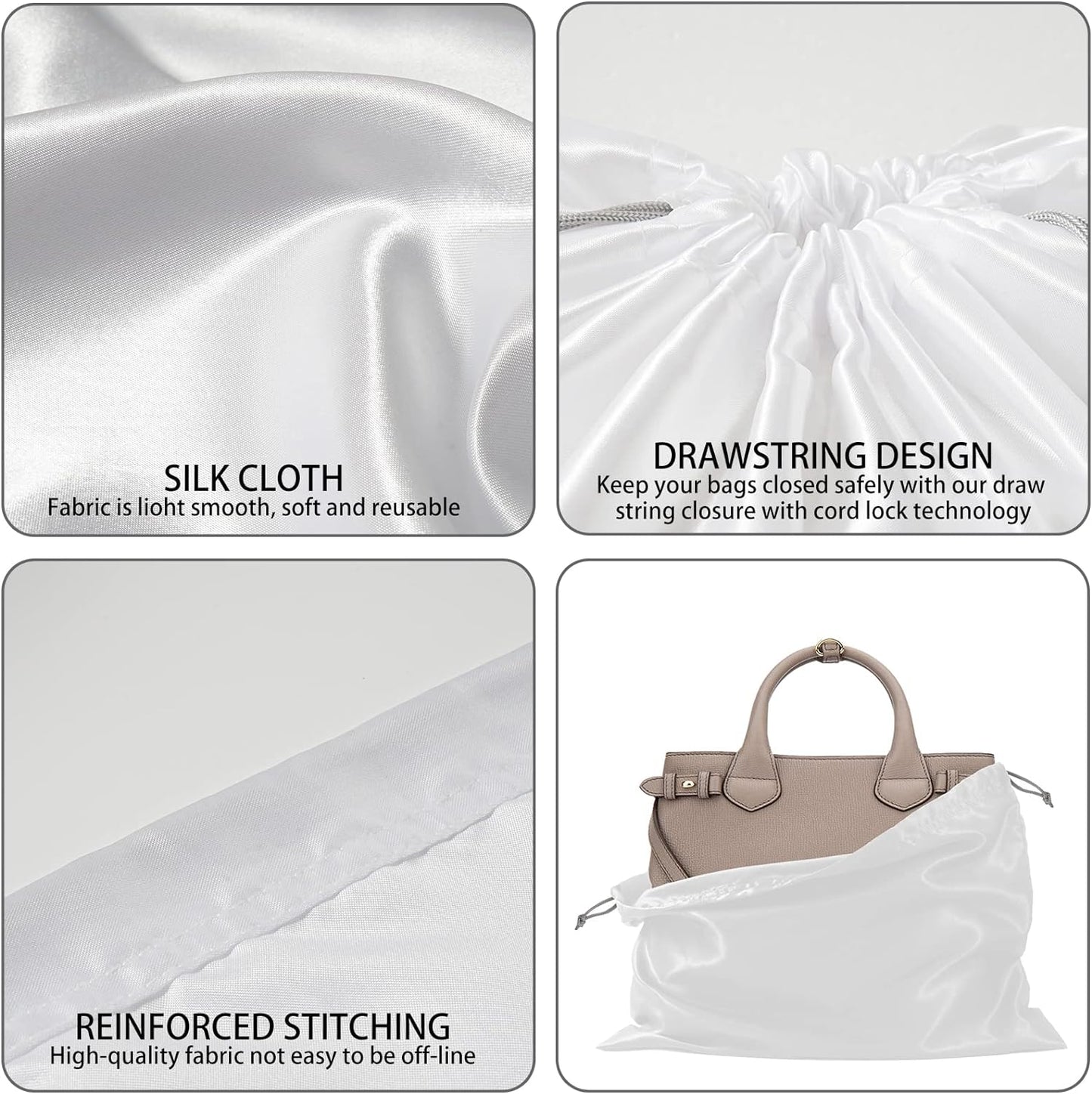 6 Pack Dust Bags for Handbags Silk Dust Cover Bag for Handbags Purses Shoes Boots, Silk Dustproof Drawstring Bag Travel Storage Pouch (White, 19.6 × 15.7 in)