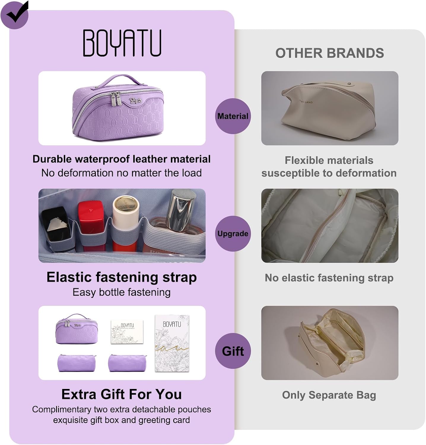 BOYATU Travel Makeup Bag for Women: Cosmetic Organizer Bag with Compartments - Leather Make up Bags Set of 3 (G-1-Purple)