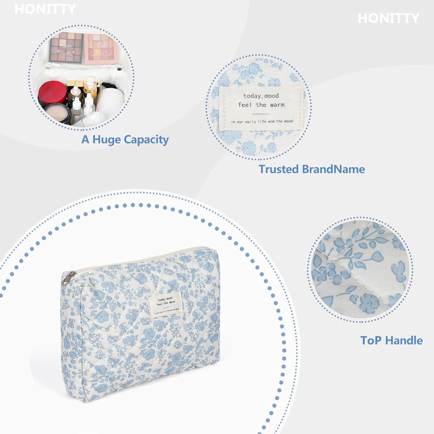 Makeup Pouch,Quilted Cosmetic Bags,Large Floral Make Up Organizer for Women