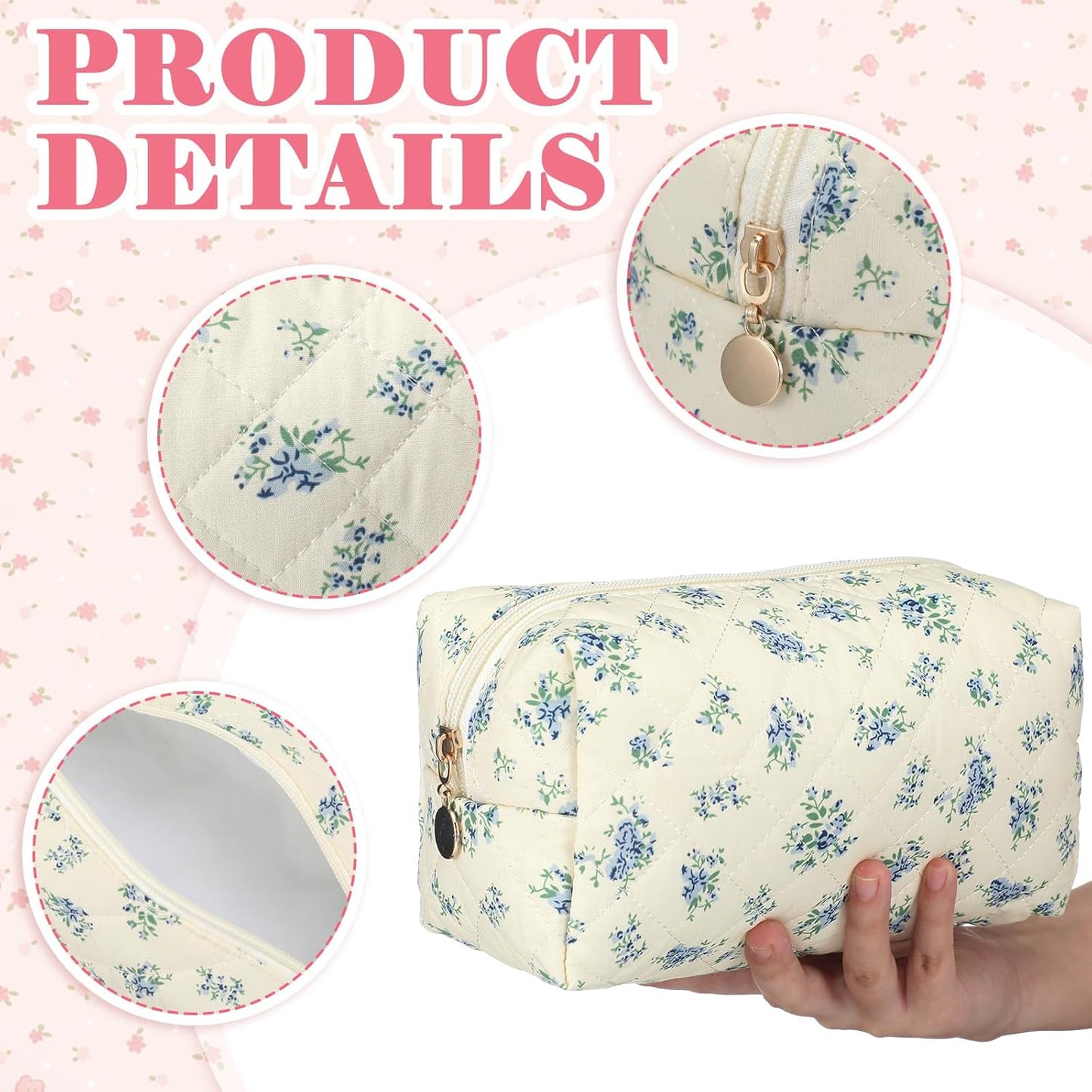 12 Packs Quilted Makeup Bag Flower Theme Toiletry Cosmetic Bag Aesthetic Makeup Pouch Floral Emergency Kit Pouch for Traveling