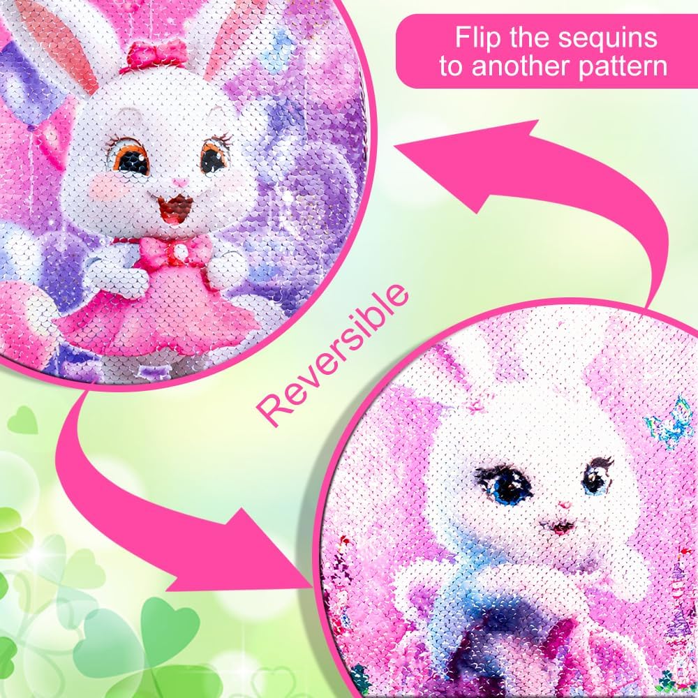16" Bunny Backpack, 3Pcs Girls Sequin Bookbag for Elementary Preschool Kindergarten, Kids School Backpacks with Lunch Box(Pink)