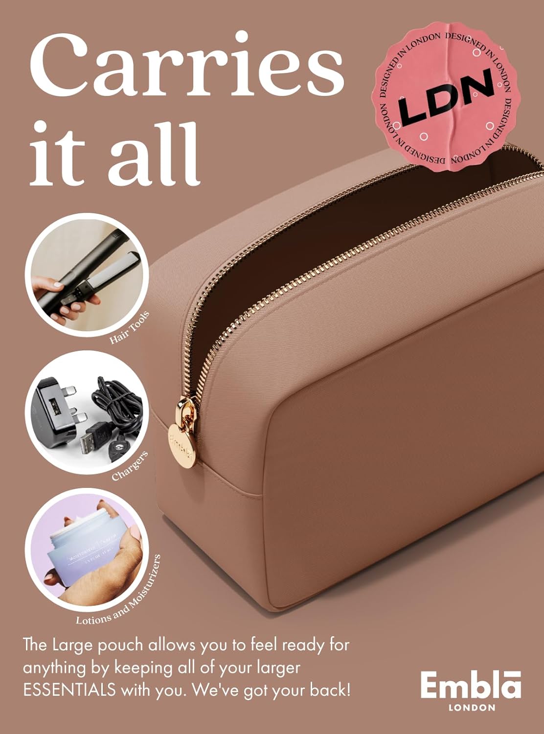 Embla Makeup Bag Travel Cosmetics Pouch and Toiletry Bag, Nylon Zipper Pouch Purse, Cute Make Up Organizer Storage Tote for Women Girls, Travel Skincare Case, Large Makeup Bags, Mocha Mousse