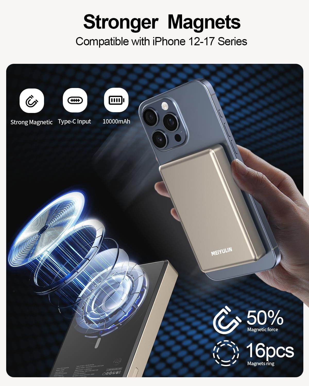 10000mAh Solid State Power Bank, PD 20W Portable Charger, 15W Magnetic Wireless Battery Pack, Compatible with iPhone 17 Pro Max Air/16/15/14/13/12 Series (Gold)