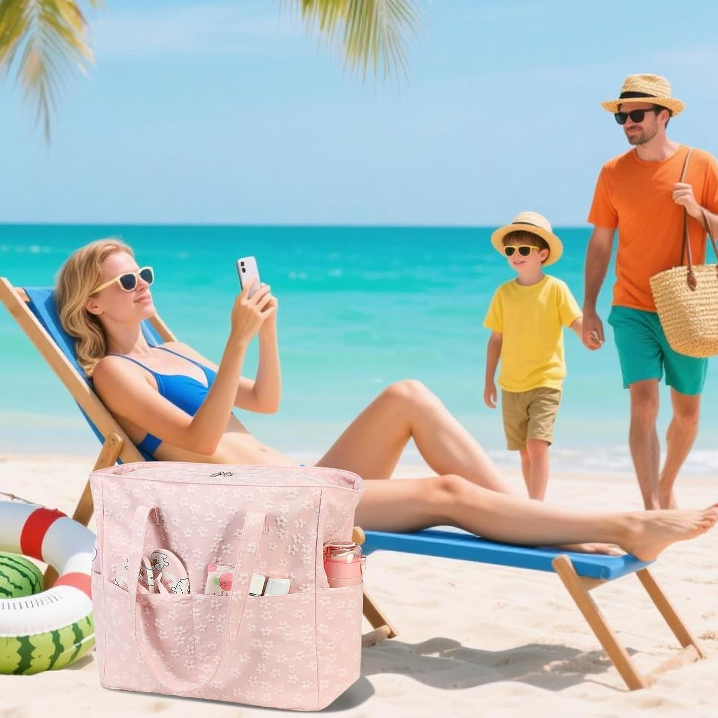 LEDAOU Large Beach Tote Bag Women Waterproof Sandproof Zipper Beach Tote Bag for Pool Gym Grocery Travel with Wet Pocket