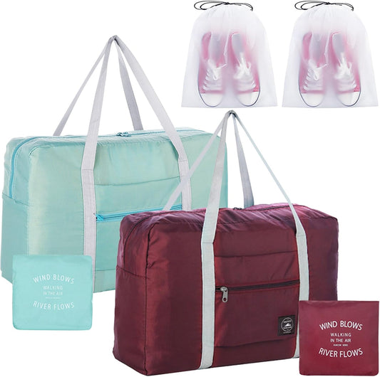 Travel Duffle Bag Tote Carry on Bag Nylon Lightweight Foldable Travel Bag Water Resistant Sports Gym Duffle Weekender Overnight Bag (Red+Green+2Pe bag)