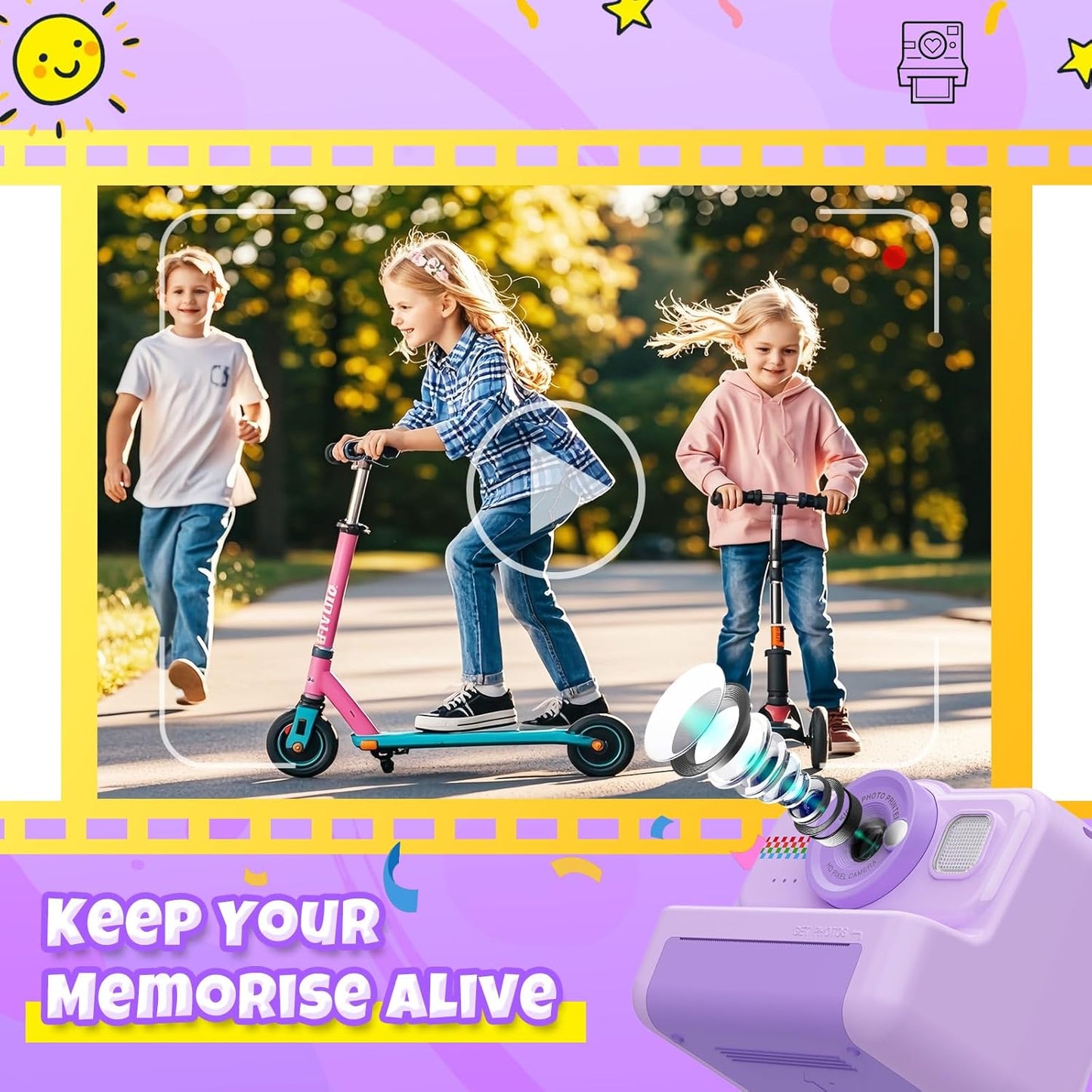 Kids Instant Print Camera, 1080P HD with 3 Rolls Print Paper & 32GB Card, Ideal Kids Toys Gift for Boys & Girls Age 3-14 (Purple)
