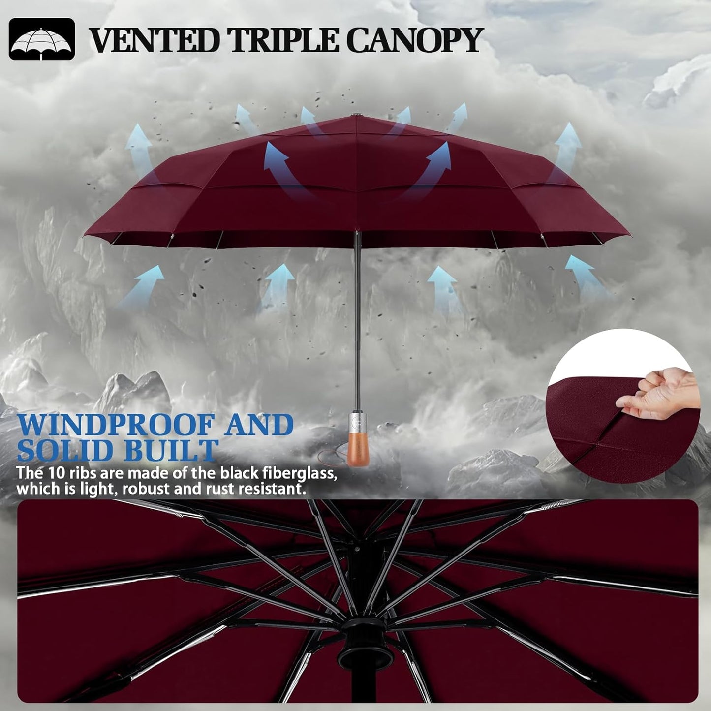 Umbrella Strong Windproof, Triple-Layer Canopy, 10 Fiberglass Ribs, Auto Open/Close, Wooden Handle, Sleeve with Anti-Loss Hook, Umbrellas for Travel & Commute & Daily Use & Gift