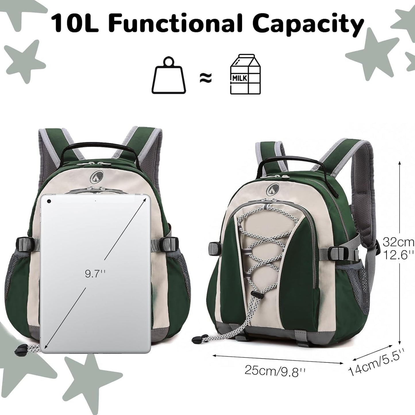 10L Mini Kids Hiking Backpack with Chest Strap for Girls Boys, Small Hiking Daypack with Padded Straps for Men Women, Green