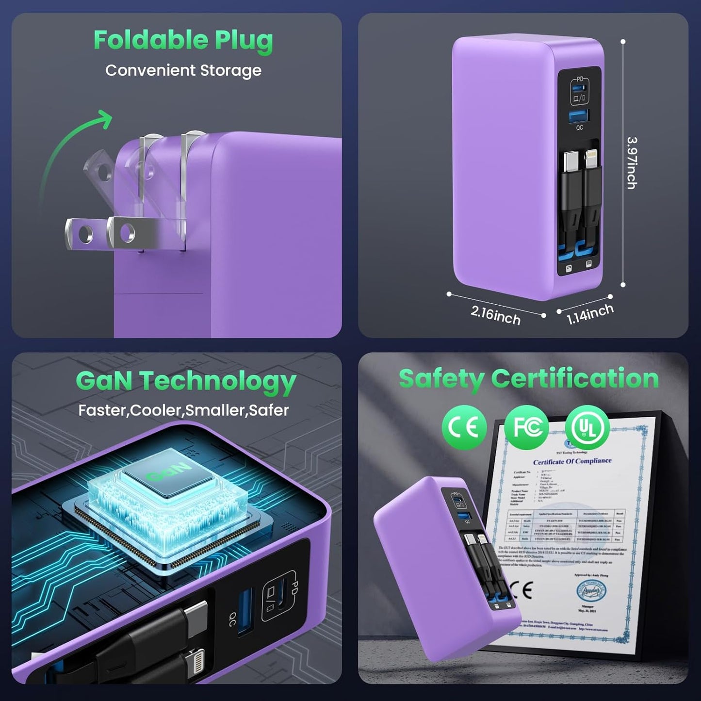 120W USB C Charger Block with 2 Built-in Retractable Cables,4-in-1 GaN IV Foldable Plug Wall Charger Fast Charging Station,PD 65W Laptop Adapter for MacBook/iPad,iPhone 17/16/15,Galaxy,Android-Purple