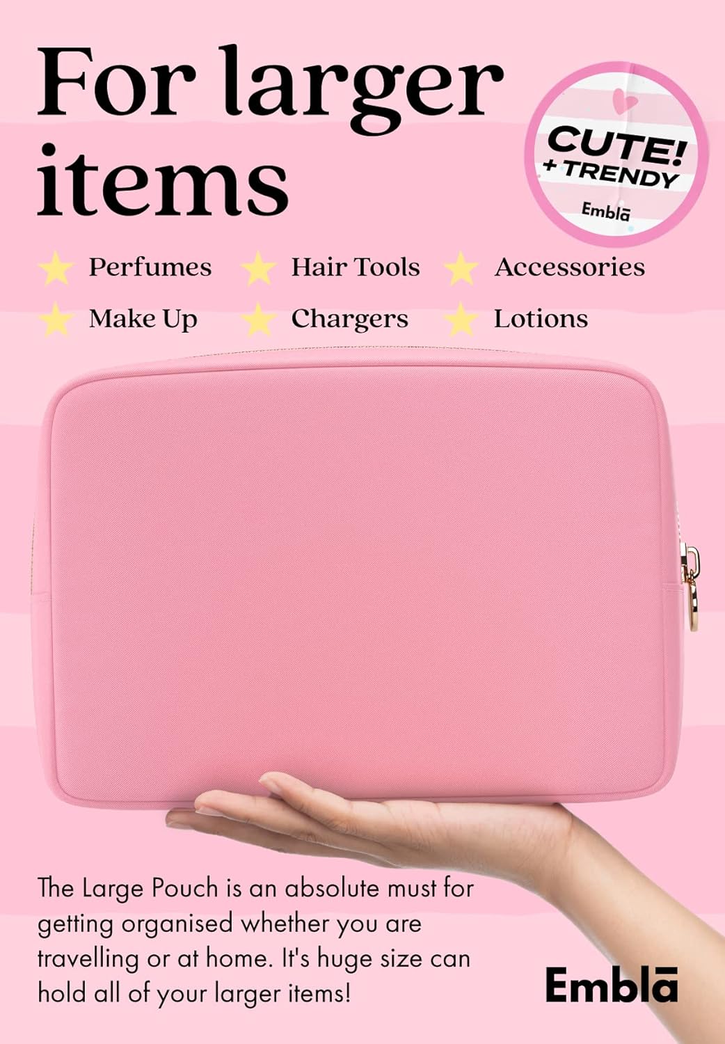 Embla Makeup Bag Travel Cosmetics Pouch and Toiletry Bag, Nylon Zipper Pouch Purse, Cute Make Up Organizer Storage Tote for Women Girls, Travel Skincare Case, Large Makeup Bags, Flamingo Pink