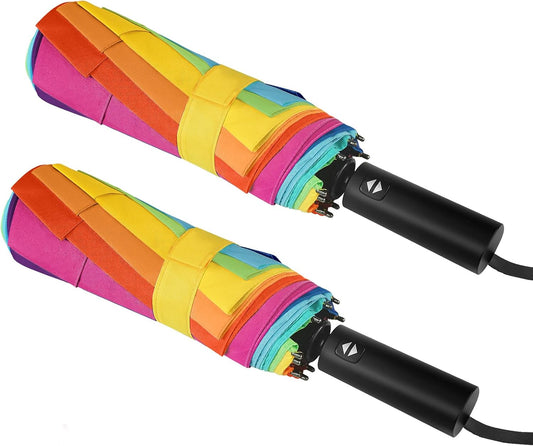 LEAGERA Rainbow Umbrella for Adults - 2 Pack, Smal Travel Umbrellas for Rain&Sun, Small, Compact, Light, Folding and Portable Rainbow Umbrella For Backpack Umbrella, Automatic Open &Close