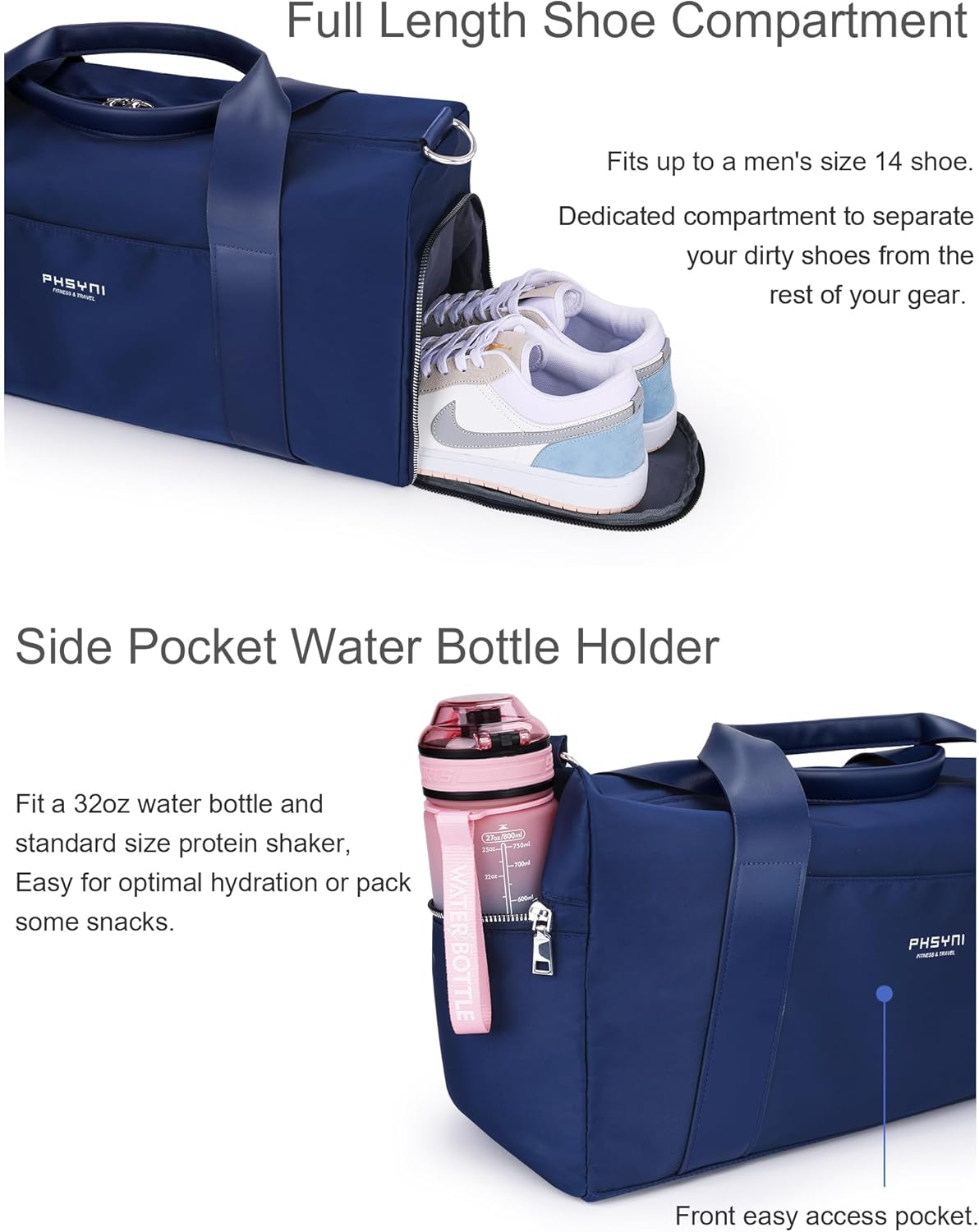 Gym Bag for Women and Men with Shoe Compartment & Wet Pocket - Duffle Bag for Travel Sports Fitness Workout Athletic, 19"-Medium, Navy Blue