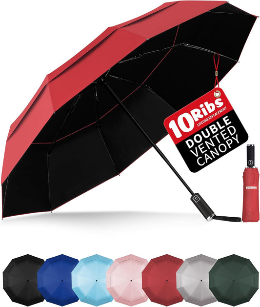 Yoobure Windproof Travel Umbrella with Wood Handle - Automatic Umbrellas for Rain & UV Sun Protection, Compact 46" Large Canopy, Lightweight Backpack Portable for Walking & Outdoor