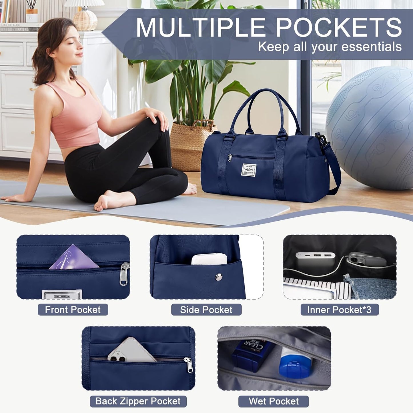Gym Bag for Women with Shoes Compartment,Small Duffel Bag Sport bag with Toiletry Bag Overnight Travel Tote Bags Weekender Carry on Bag Personal Item Bags for Airlines Dark Blue