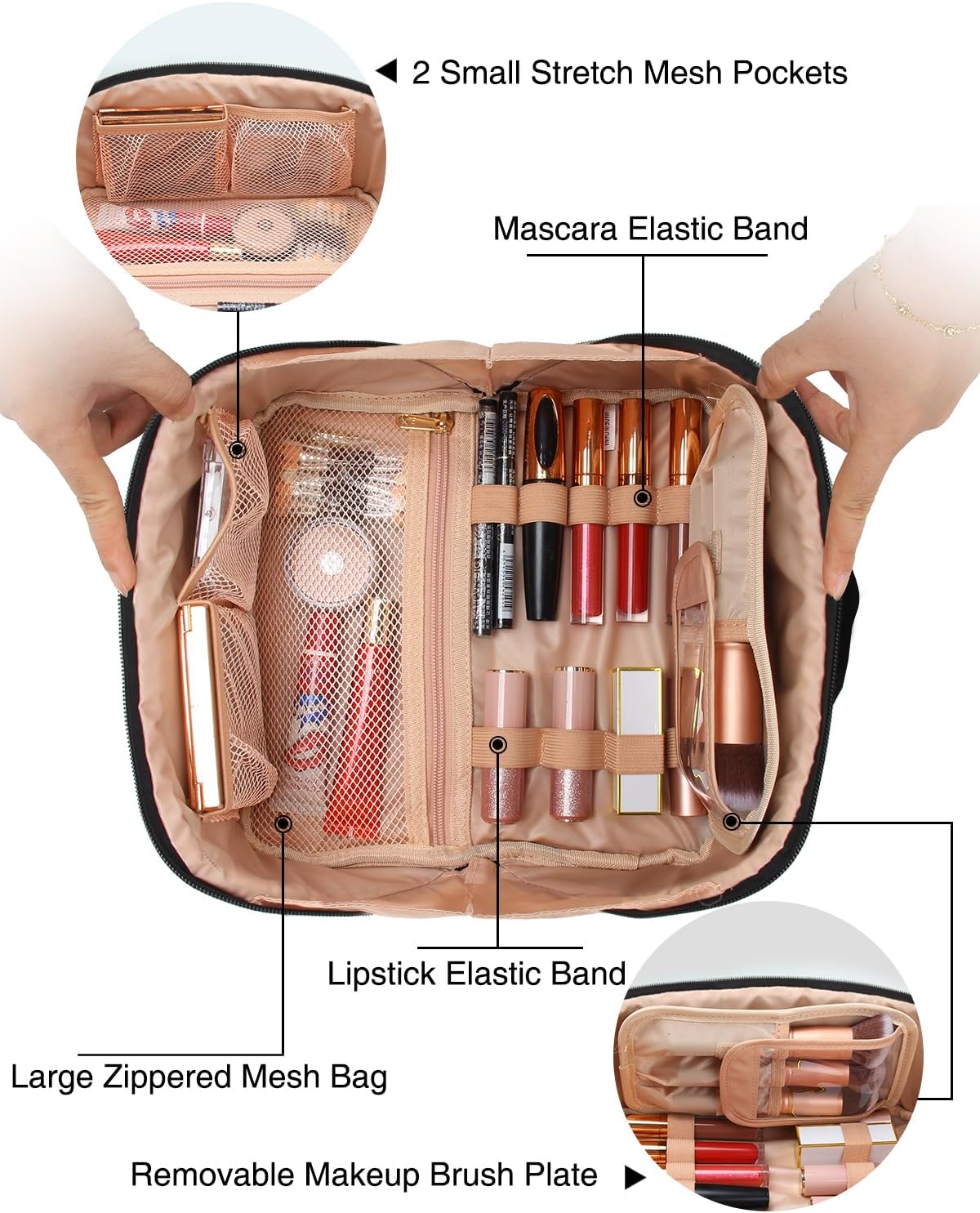 Relavel Travel Makeup Bag, Large Capacity Cosmetic Bag for Women, Waterproof Portable Makeup Pouch with Separate Makeup Brush Board, Wide Open Flat Toiletry Bag - Black