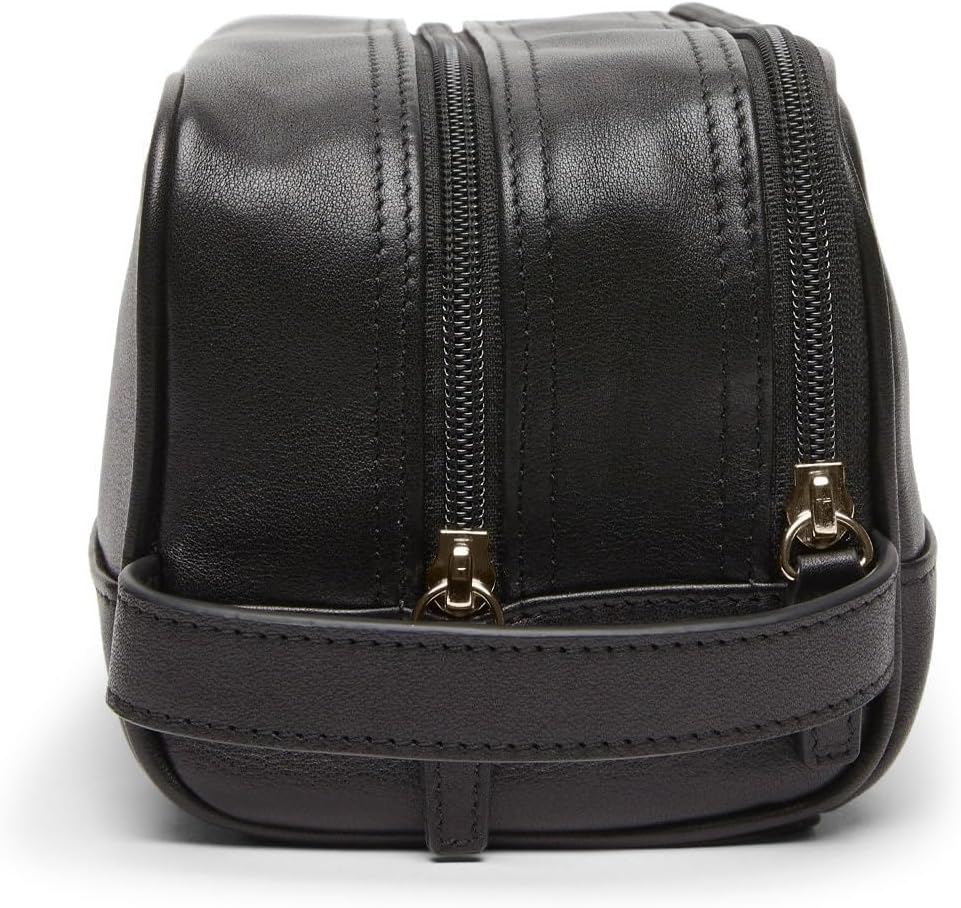 Leatherology Black Onyx Leather Toiletry Bag – Small Double Zip Dopp Kit – Full Grain Leather Travel Organizer with Water-Resistant Lining – Compact Grooming Bag for Men or Women