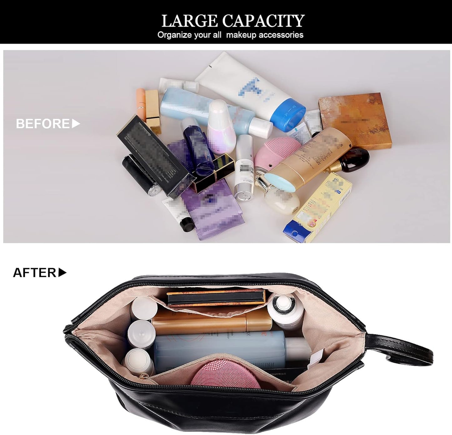 Abiudeng Large Capacity Makeup Bag Ladies Cosmetic Bag Travel Bag with Compartments Portable PU Leather Travel Makeup Bag with Handle