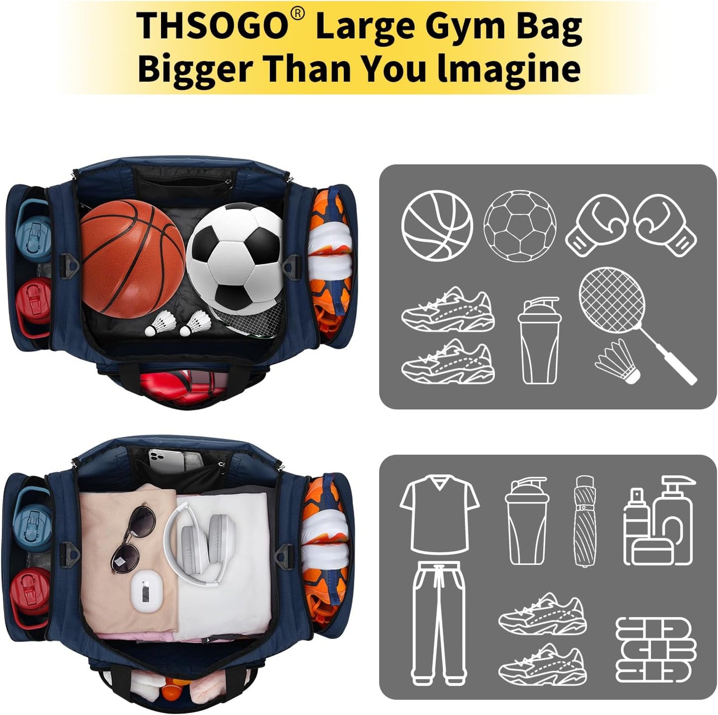 22 inch Gym Bag for Men - 55L Large Travel Duffle Bag Sports Equipment Bag with Multiple Zippered Pockets,Outdoor Workout Duffle Bag for Overnight Weekend - Navy Blue