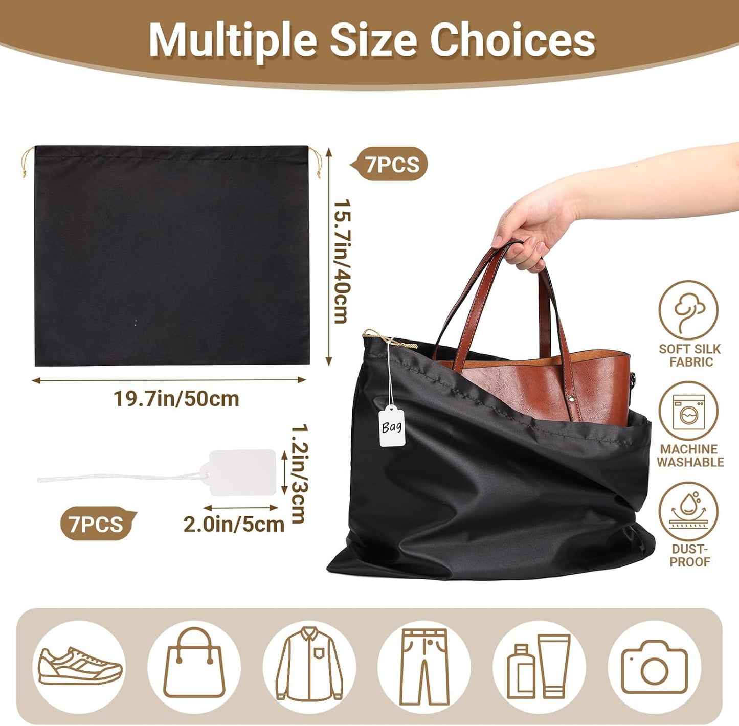 Ewen 19.6x15.7in Dust Bags for Handbags, 7 Pack of Black Dustproof Silk Bags with Drawstring for Travel, Purse Wallet Bags for Storage, Satin Covers for Shoes and Boots, Pouches Organizer for Closet