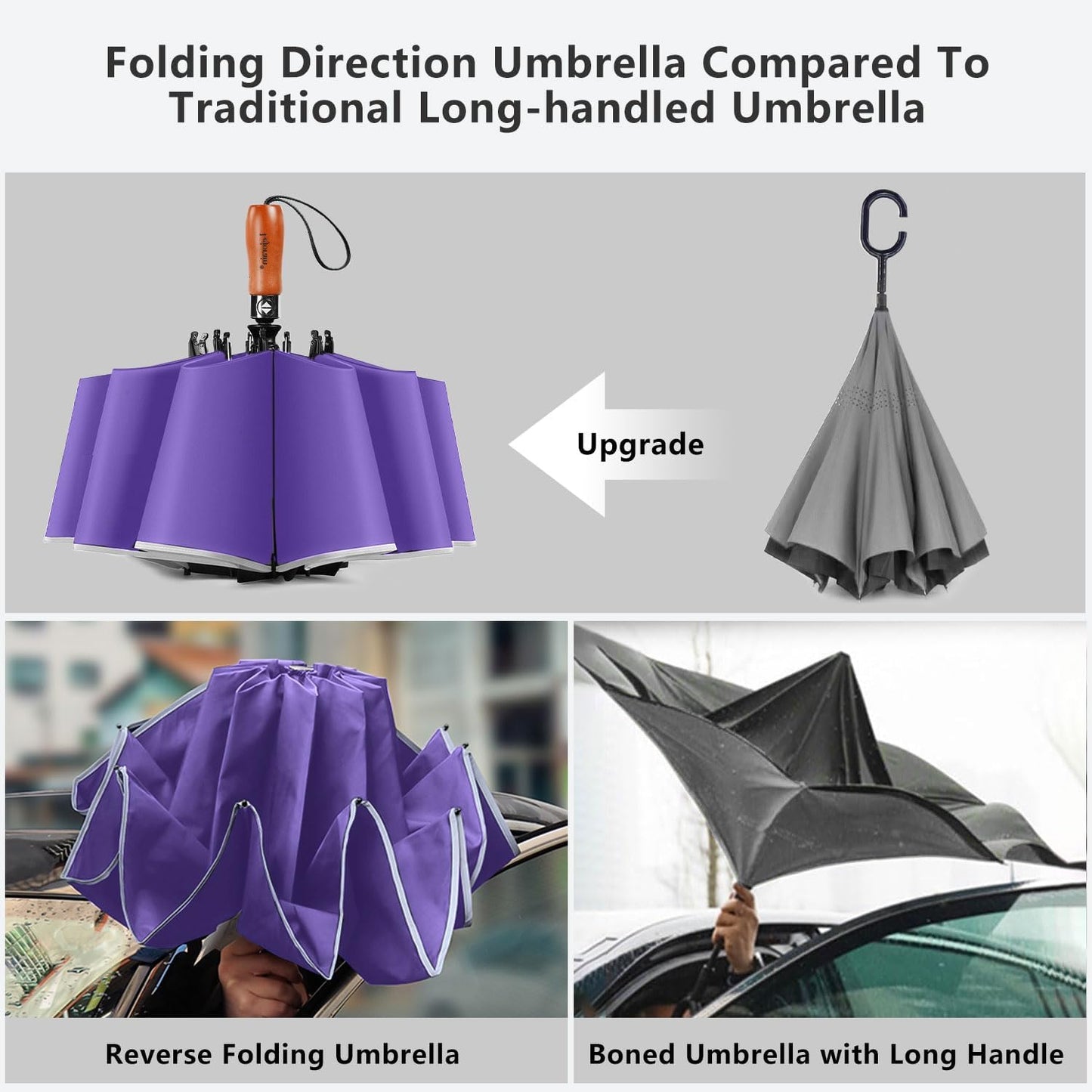 Lejorain Golf Large Inverted Umbrella - Black Big Windproof Heavy Duty Upside Down 46/50/54 Inch Compact Reverse Car Automatic Folding Reflective Umbrella